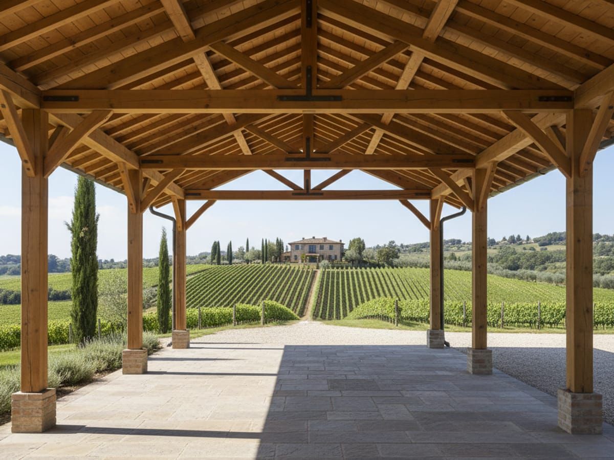 Covered boat pavilion structure on estate