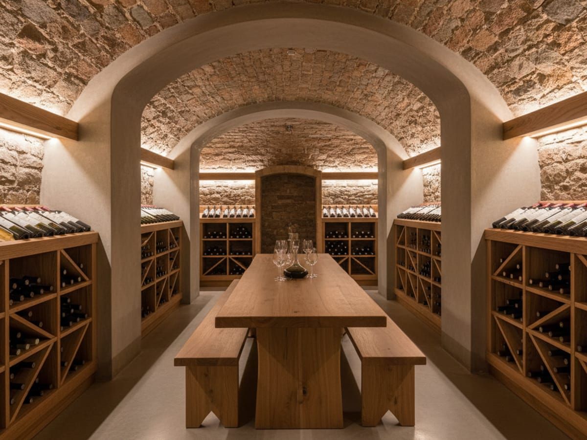 Private wine cave interior with custom racking