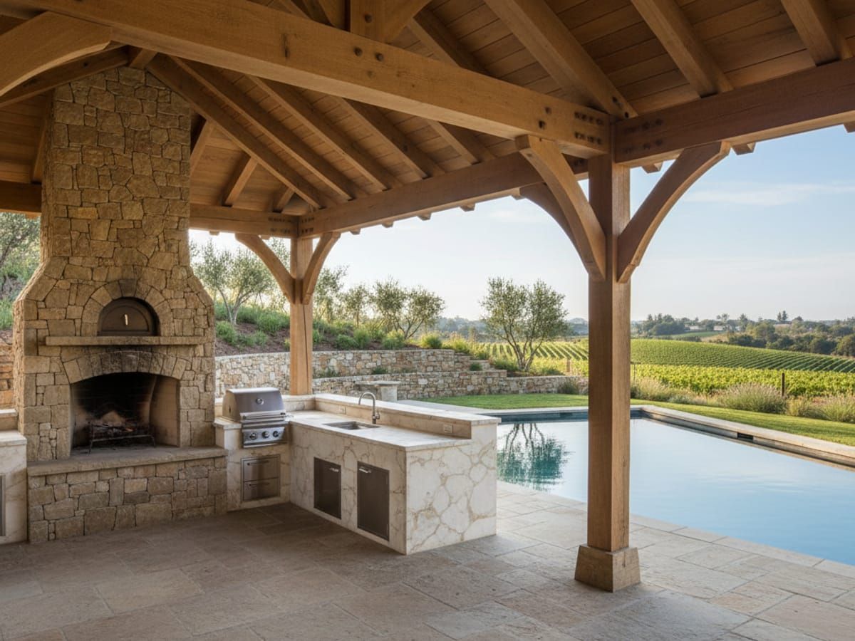 Timber frame pavilion with outdoor kitchen and fireplace