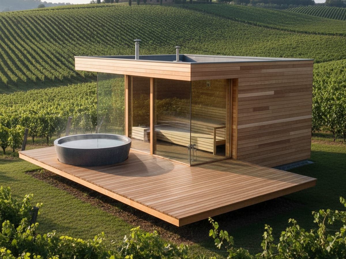 Wellness structure with sauna and cold plunge deck